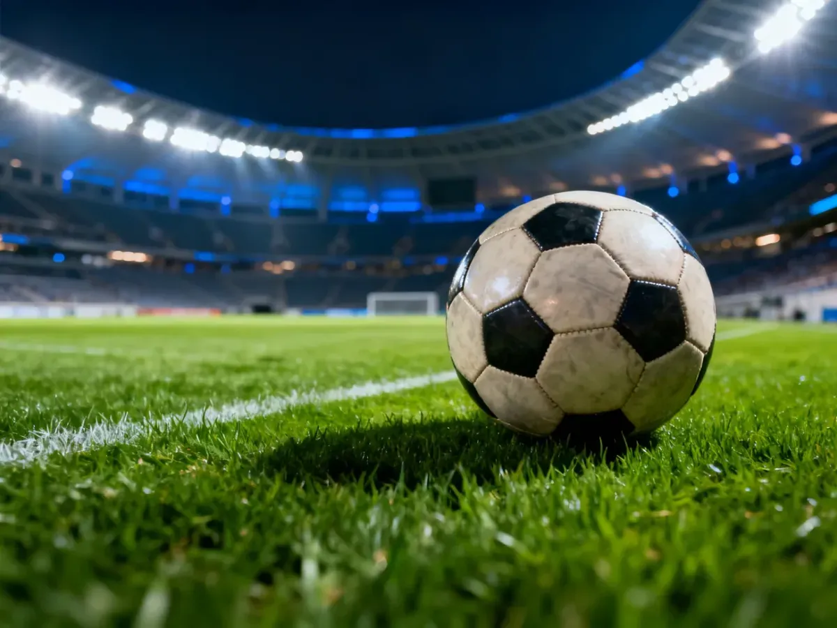 Piłka do gry na murawie oświetlonego stadionu piłkarskiego przed meczem.