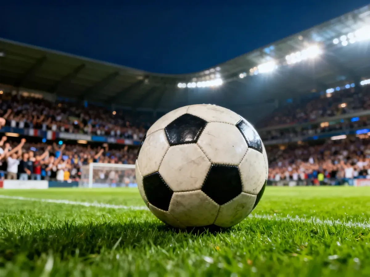 Profesjonalna piłka nożna leżąca na murawie stadionu przy pełnych trybunach podczas wieczornego meczu eliminacyjnego.