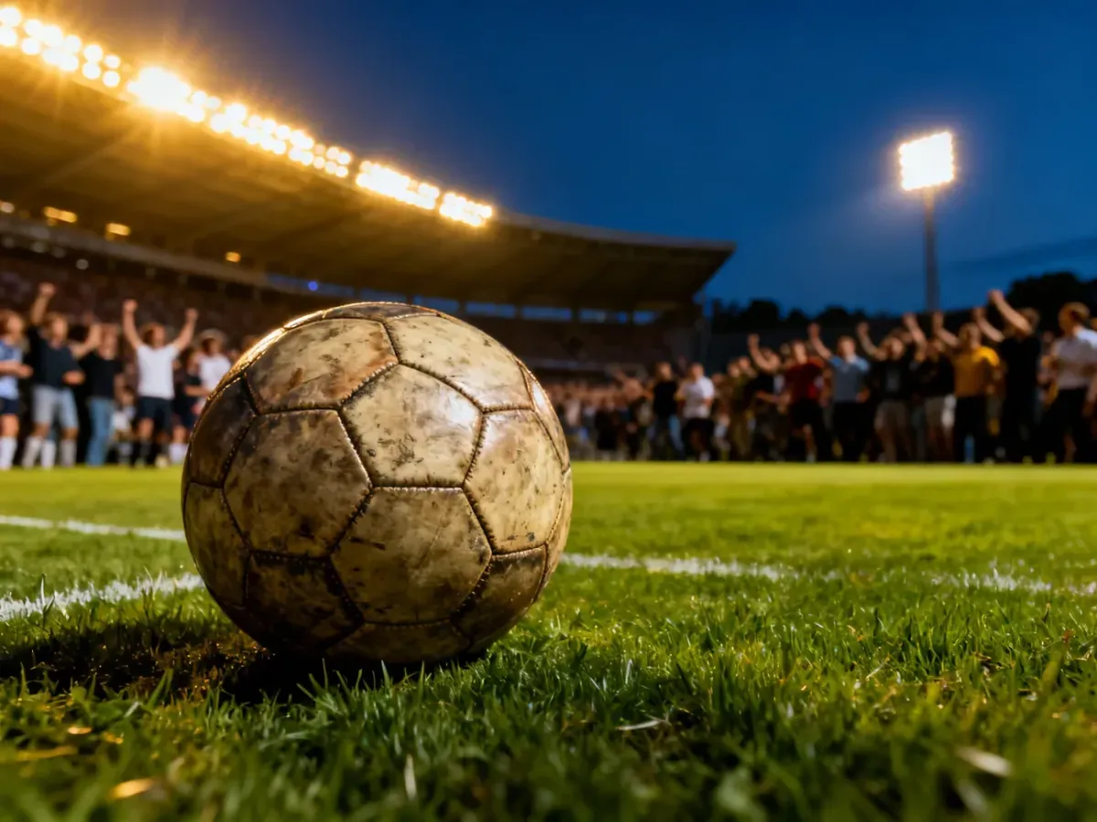 Skórzana piłka na murawie stadionu w świetle reflektorów przed meczem Newcastle z FC Barceloną.