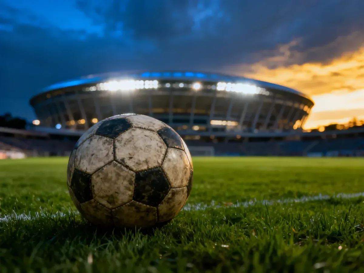 Piłka do gry na murawie stadionu w blasku zachodzącego słońca, nawiązująca do atmosfery wielkich meczów piłkarskich.