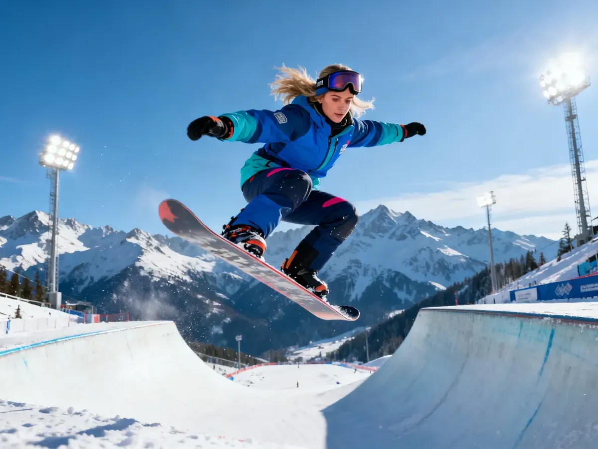 Snowboardzistka wykonująca ewolucję w powietrzu podczas zawodów w halfpipe na tle ośnieżonych gór.