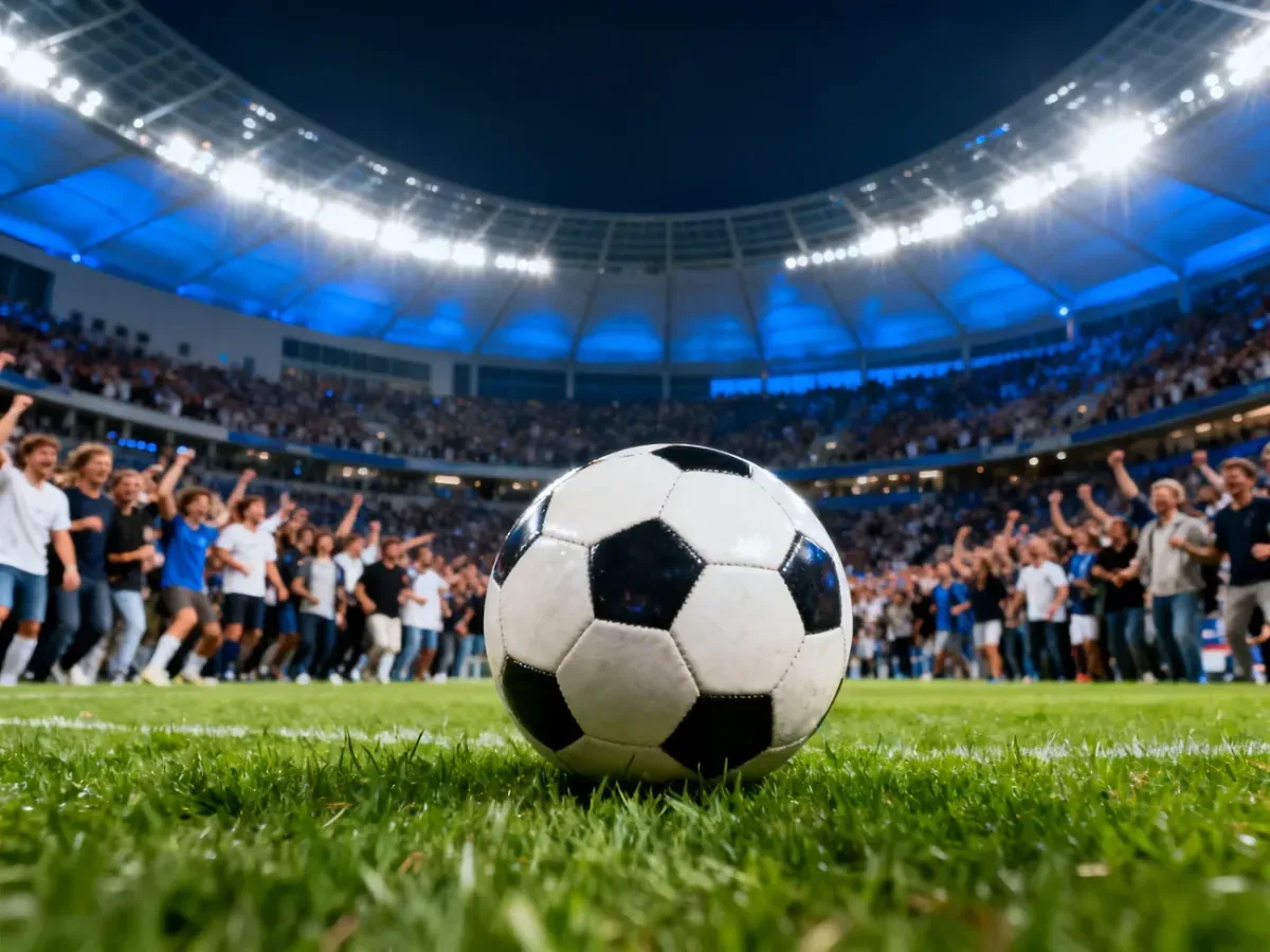 Piłka do futbolu na murawie stadionu w świetle reflektorów, oddająca atmosferę meczu Ligi Konferencji Europy.