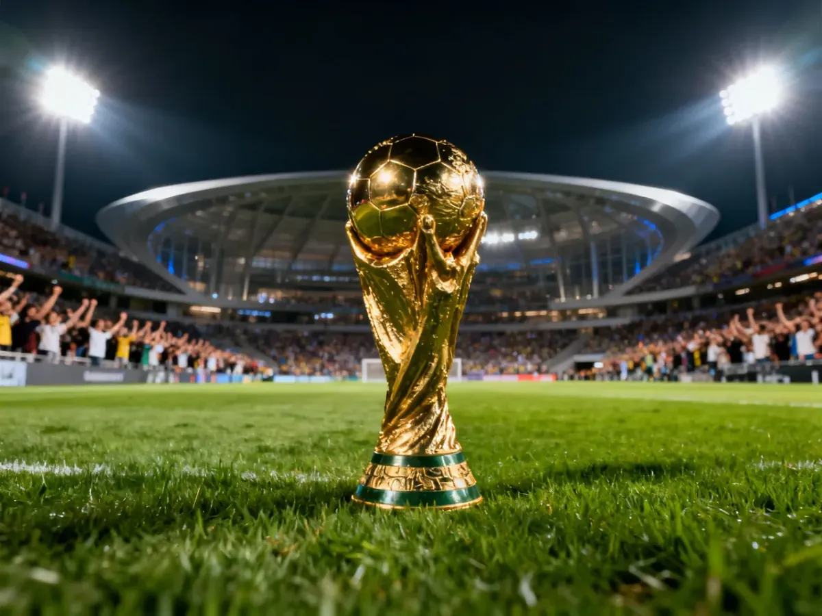 Złote trofeum Klubowych Mistrzostw Świata FIFA na murawie stadionu w świetle reflektorów przy pełnych trybunach.