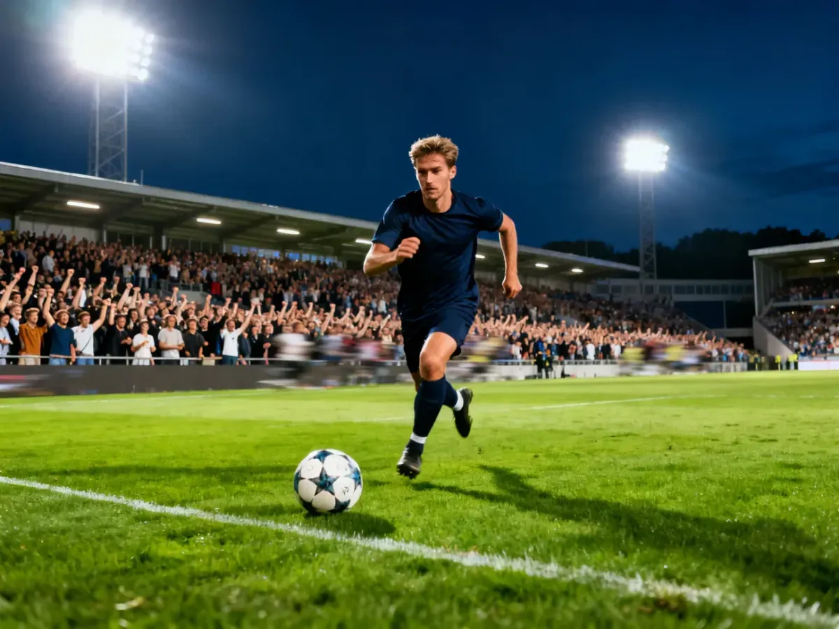 Piłkarz biegnący z piłką po murawie stadionu przy sztucznym oświetleniu podczas meczu FC Barcelona.