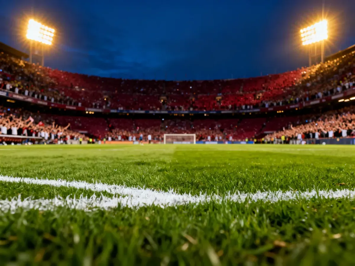 Oświetlona murawa stadionu piłkarskiego wieczorem, wypełniona kibicami trybuna w tle.