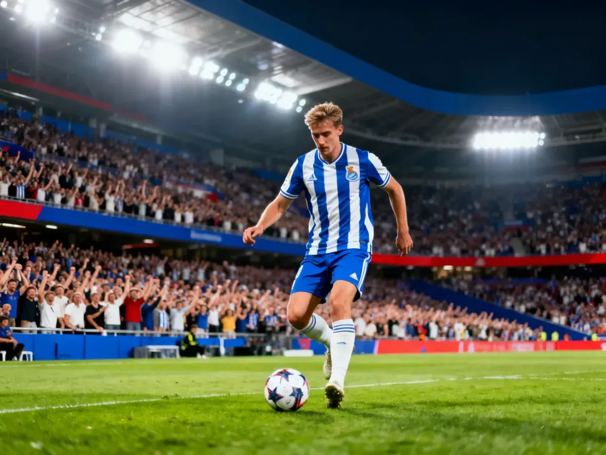 Piłkarz Deportivo Alavés prowadzący piłkę na tle pełnego stadionu podczas meczu ligowego.
