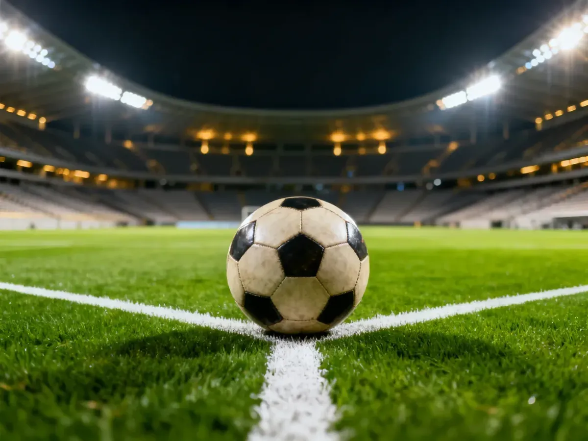 Piłka do gry na punkcie karnym oświetlonego stadionu piłkarskiego przed meczem Ekstraklasy.