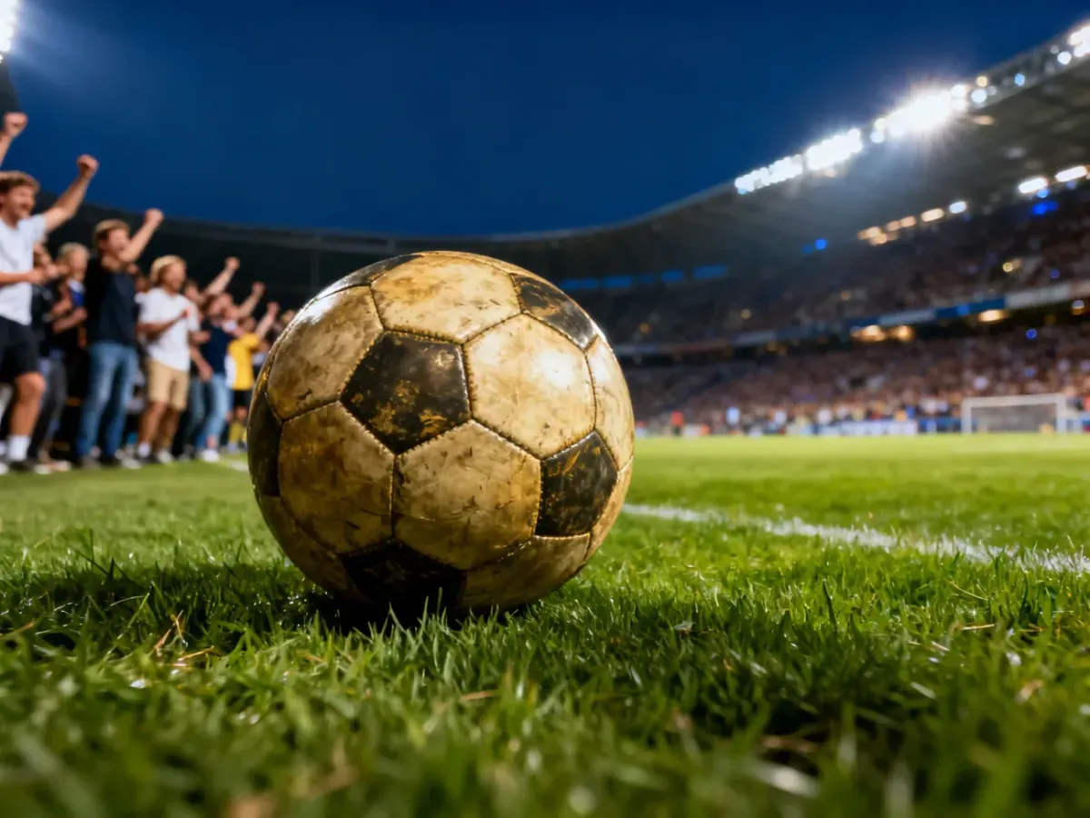 Piłka do gry na murawie stadionu przy oświetlonych trybunach podczas wieczornego meczu piłkarskiego.
