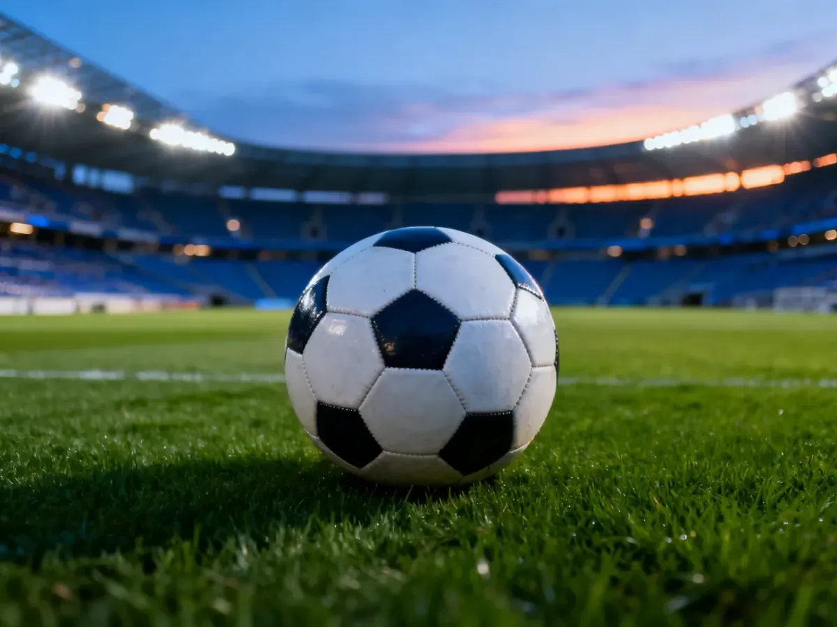 Piłka do gry na murawie stadionu w świetle zachodzącego słońca, nawiązująca do barw Lecha Poznań.