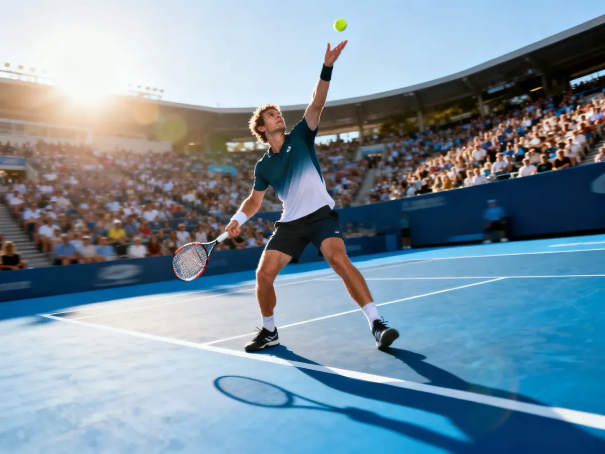 Tenisista wykonujący dynamiczny serwis na niebieskim korcie twardym podczas turnieju Australian Open.