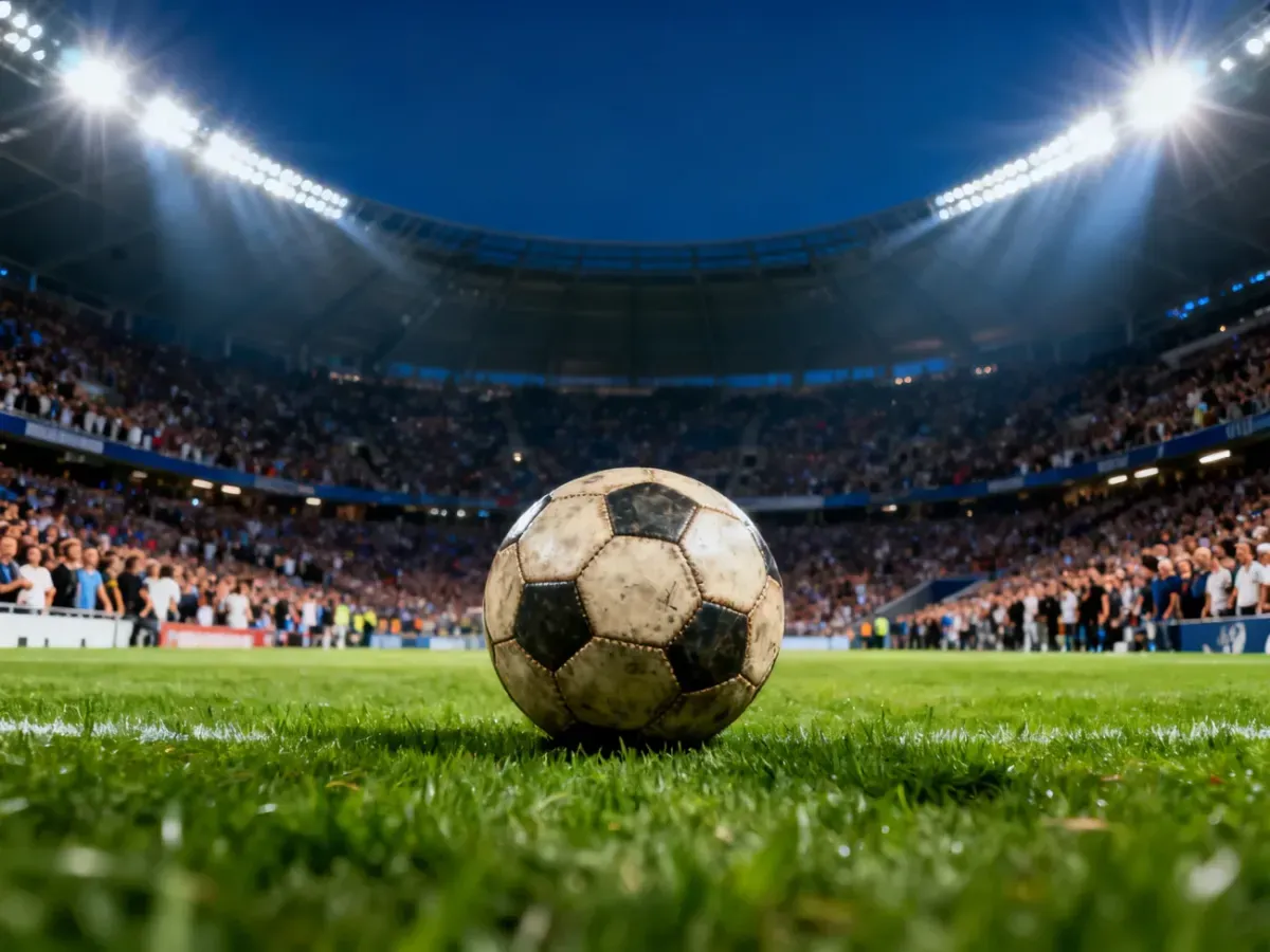Oświetlony stadion piłkarski podczas wieczornego meczu z wyraźną piłką na murawie na pierwszym planie.