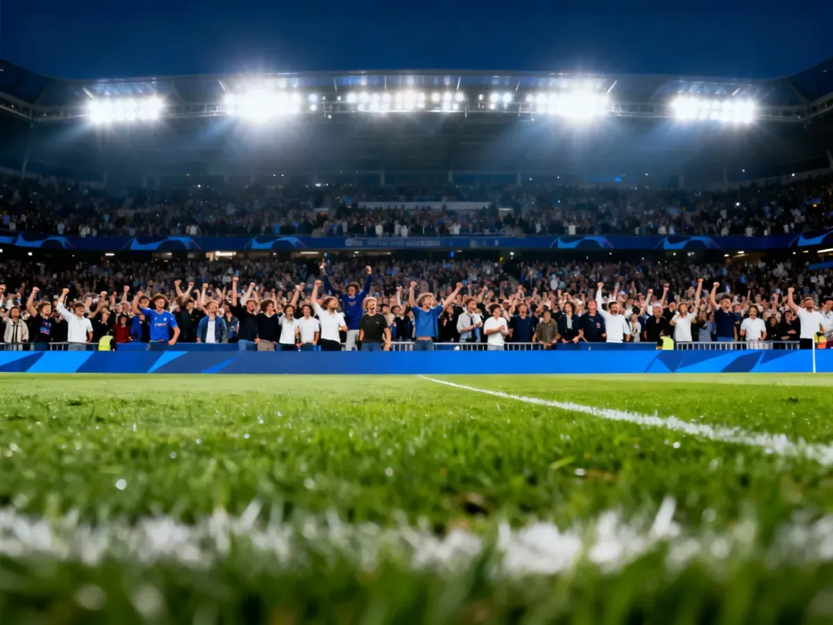 Pełny stadion piłkarski podczas wieczornego meczu, oświetlony jupiterami w atmosferze sportowego widowiska.