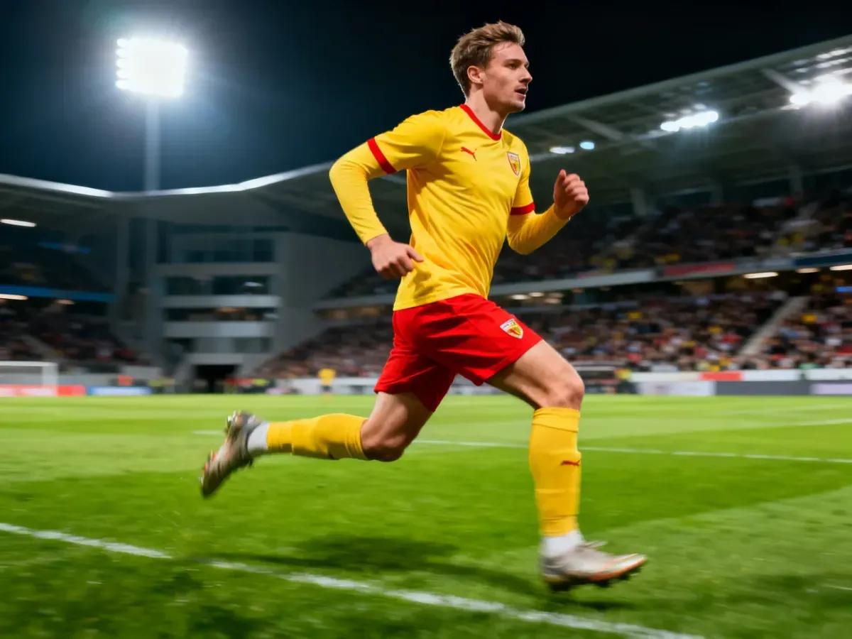 Piłkarz Jagiellonii w żółto-czerwonym stroju biegnący z piłką po murawie stadionu podczas meczu.