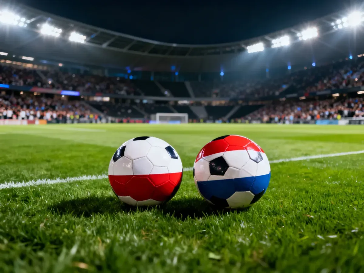 Dwie piłki w barwach Polski i Holandii na murawie stadionu w świetle reflektorów przed meczem reprezentacji.
